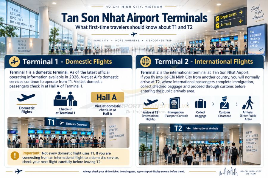 Terminal 1 serves domestic flights, while Terminal 2 handles international arrivals and departures at Tan Son Nhat Airport Terminal 1 serves domestic flights, while Terminal 2 handles international arrivals and departures at Tan Son Nhat Airport