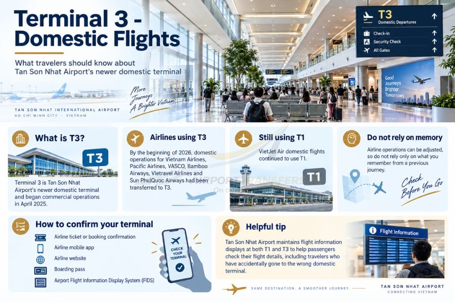 Terminal 1 and Terminal 3 serve domestic flights, while Terminal 2 handles international passengers at Tan Son Nhat Airport Terminal 1 and Terminal 3 serve domestic flights, while Terminal 2 handles international passengers at Tan Son Nhat Airport