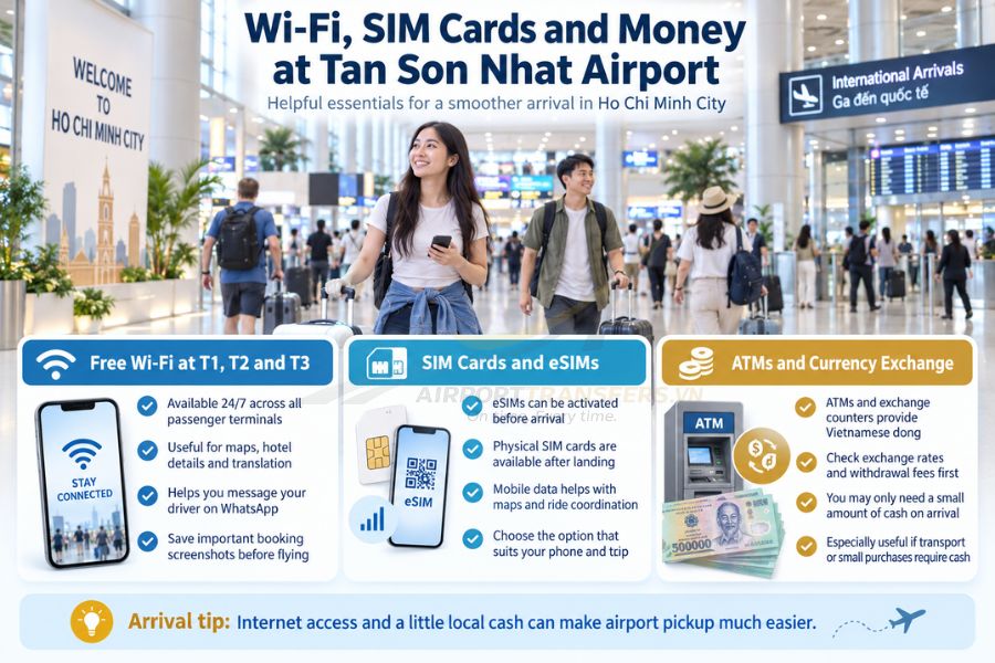 Travelers use airport Wi-Fi, mobile data and currency services after arriving in Ho Chi Minh City Travelers use airport Wi-Fi, mobile data and currency services after arriving in Ho Chi Minh City