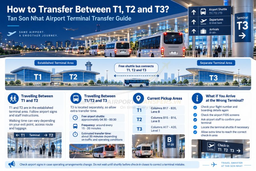 Airport shuttle services help passengers move between T1, T2 and T3 for connecting flights