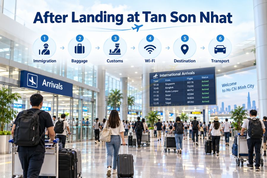 International visitors clear immigration, collect luggage and pass customs before continuing toward their confirmed city destination