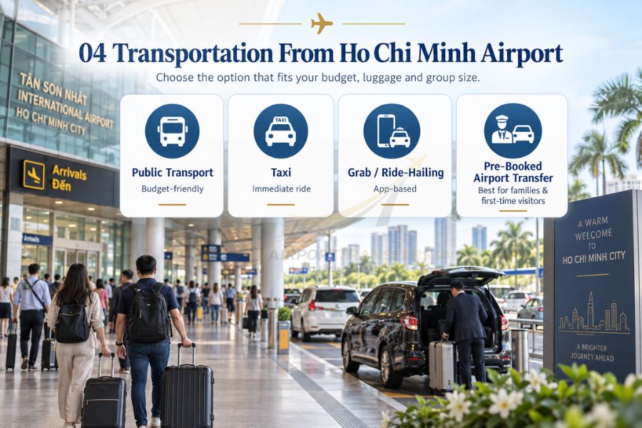 Travelers compare buses, taxis, ride-hailing and pre-booked transfers before choosing transport from Tan Son Nhat Airport Travelers compare buses, taxis, ride-hailing and pre-booked transfers before choosing transport from Tan Son Nhat Airport
