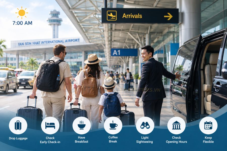 Morning arrivals can drop luggage, confirm check-in, eat breakfast and plan light sightseeing before hotel check-in Morning arrivals can drop luggage, confirm check-in, eat breakfast and plan light sightseeing before hotel check-in