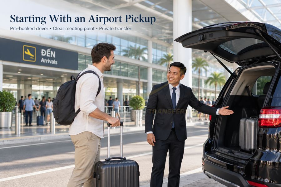A pre-booked driver meets arriving passengers after airport procedures and helps load luggage into the confirmed vehicle