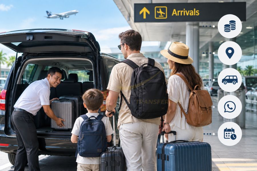 Passengers review price, terminal meeting point, luggage capacity, driver contact and flight-change arrangements before confirmation